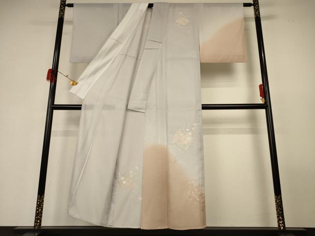 平和屋着物＊夏物　訪問着　縦絽　刺繍　草花文　暈し染め　正絹　逸品　AABG3921jd_1