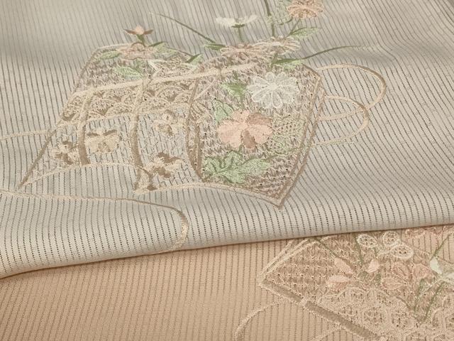 平和屋着物＊夏物　訪問着　縦絽　刺繍　草花文　暈し染め　正絹　逸品　AABG3921jd_4