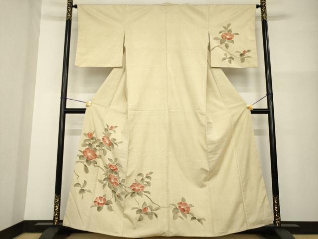 平和屋着物●訪問着　紬地　手描き　枝椿　正絹　逸品　AABG4019ck