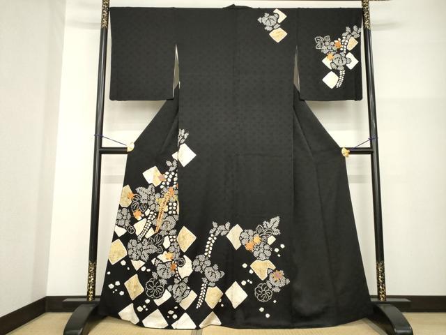 平和屋着物●訪問着　駒刺繍　絞り　草花文　黒地　正絹　逸品　AABG4032ck 平和屋着物○訪問着 駒刺繍 絞り 草花文 黒地 正絹 逸品 AABG4032ck