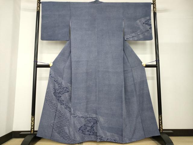 平和屋着物●江戸小紋　藍　流水文　正絹　逸品　AABG4076ck