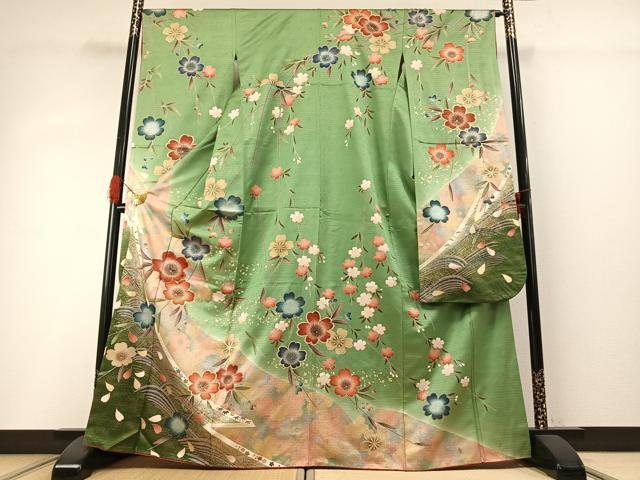 平和屋着物●豪華振袖　駒刺繍　草花文　暈し染め　金彩　正絹　逸品　AABG4363fy
