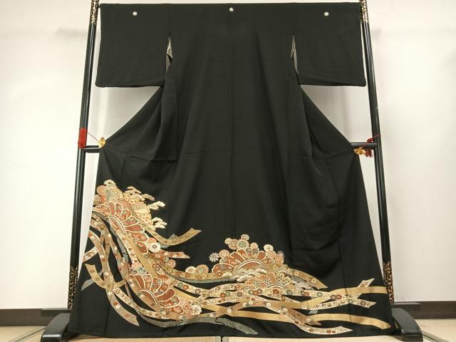 平和屋着物●豪華黒留袖　友禅　駒刺繍　熨斗花文　金彩　正絹　逸品　AABG4368fy