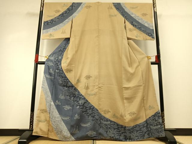 平和屋着物●訪問着　紬地　型染め　風景花文　正絹　逸品　AABG4481fy