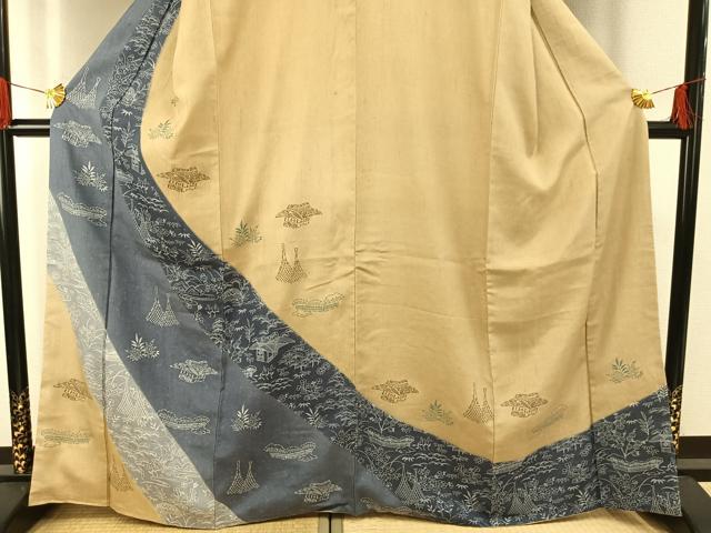 平和屋着物●訪問着　紬地　型染め　風景花文　正絹　逸品　AABG4481fy_2