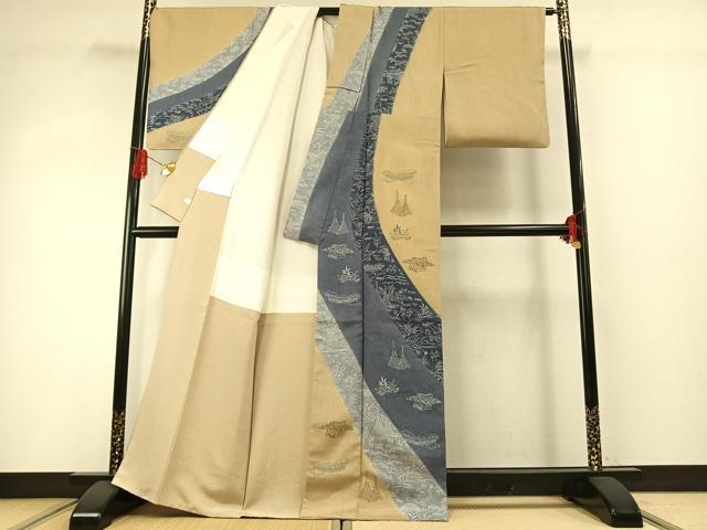 平和屋着物●訪問着　紬地　型染め　風景花文　正絹　逸品　AABG4481fy_1