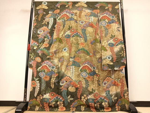平和屋着物●豪華振袖　ふくれ織　松　草花文　暈し染め　金彩　正絹　逸品　AABG4498fy