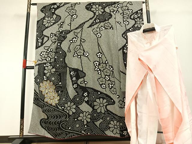 平和屋着物●豪華振袖・長襦袢(無双仕立て)セット　駒刺繍　総絞り　舞花文　黒地　半衿刺繍　正絹　逸品　AABG4653fy 平和屋本店□極上 振袖・長襦袢(無双仕立て・半衿刺繍)・袋帯セット 総
