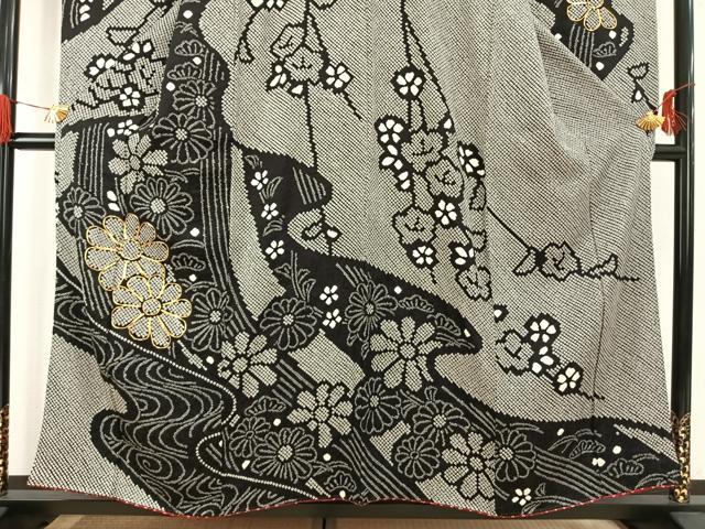 平和屋着物●豪華振袖・長襦袢(無双仕立て)セット　駒刺繍　総絞り　舞花文　黒地　半衿刺繍　正絹　逸品　AABG4653fy 平和屋本店□極上 振袖・長襦袢(無双仕立て・半衿刺繍)・袋帯セット 総