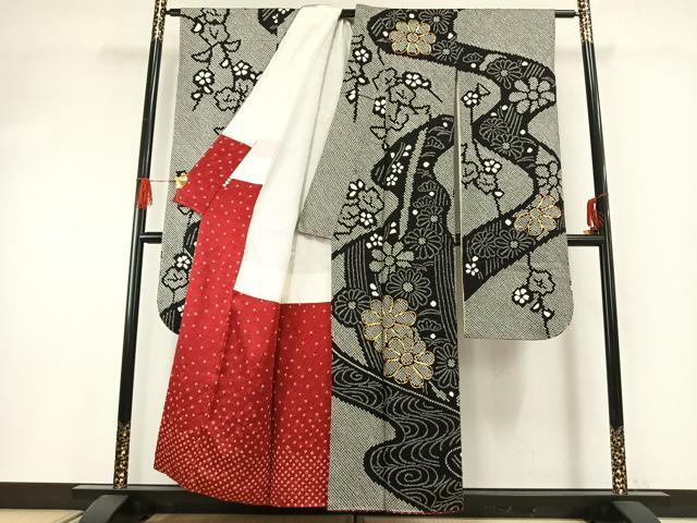平和屋着物●豪華振袖・長襦袢(無双仕立て)セット　駒刺繍　総絞り　舞花文　黒地　半衿刺繍　正絹　逸品　AABG4653fy 平和屋本店□極上 振袖・長襦袢(無双仕立て・半衿刺繍)・袋帯セット 総