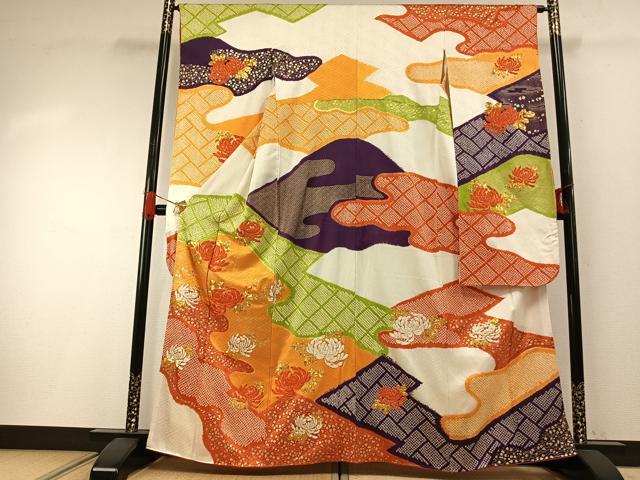平和屋着物●豪華振袖　駒刺繍　絞り　草花文　金彩　正絹　逸品　AABG4669fy