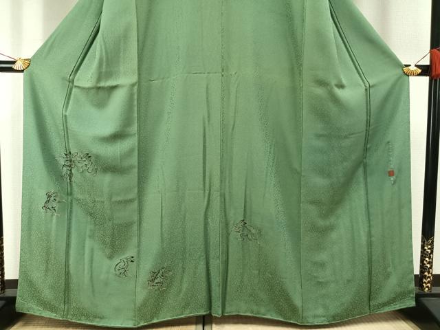 平和屋着物●中国人間国宝　将雪英　訪問着　中国三大刺繍　相良刺繍　総刺繍　鳥獣戯画　薄緑色　正絹　逸品　AABG4703fy_2