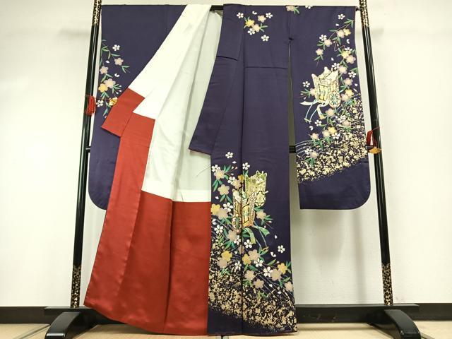 平和屋着物●豪華振袖　御所車花文　金銀彩　正絹　逸品　AABG4788fy_1