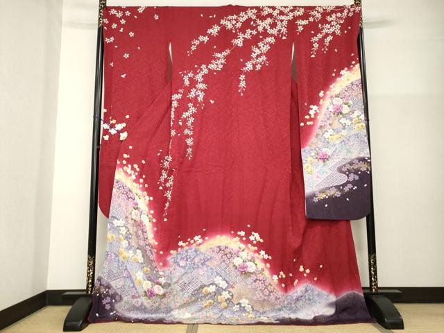 平和屋着物●豪華振袖　遠山花文　暈し染め　ロング丈　正絹　逸品　AABG4923ck