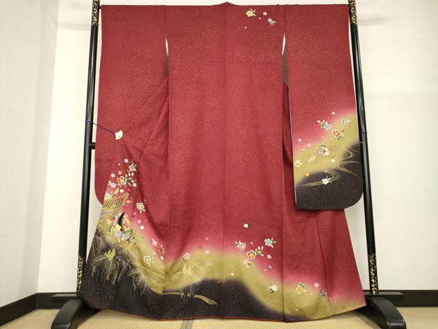 平和屋着物●豪華振袖　駒刺繍　女人御所車花文　暈し染め　金彩　正絹　逸品　AABG4940ck