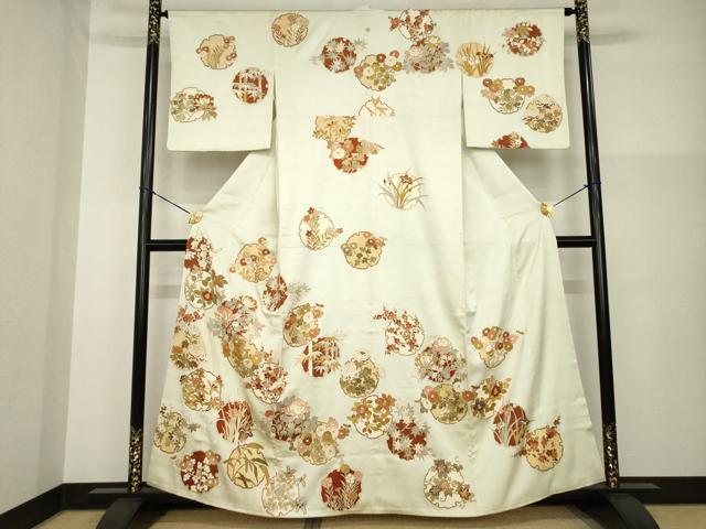 平和屋着物●訪問着　駒刺繍　雪輪草花文　金彩　正絹　逸品　AABG4944ck