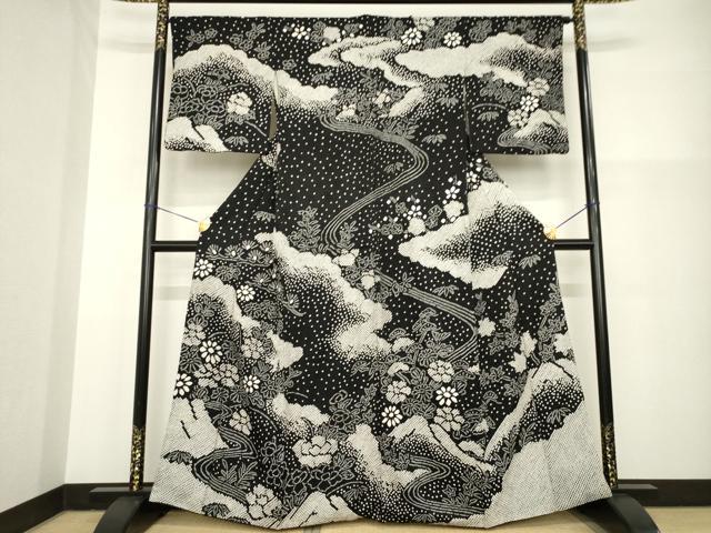 平和屋着物●訪問着　総絞り　流水花文　黒地　正絹　逸品　AABG5210ck 平和屋着物○訪問着 総絞り 流水花文 黒地 正絹 逸品 AABG5210ck