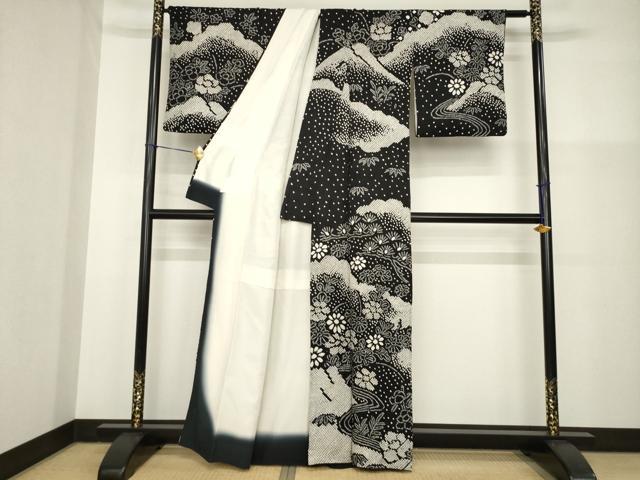 平和屋着物●訪問着　総絞り　流水花文　黒地　正絹　逸品　AABG5210ck 平和屋着物○訪問着 総絞り 流水花文 黒地 正絹 逸品 AABG5210ck