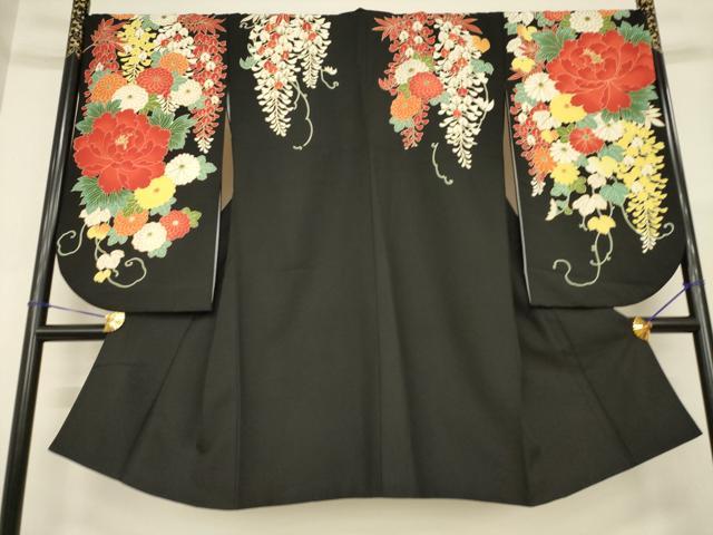 平和屋着物●美月　小振袖　二尺袖　草花文　黒地　洗える着物　AABG5244ck