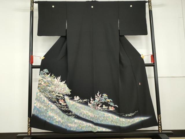 平和屋着物●豪華黒留袖　友禅　作家物　鴛鴦風景梅松文　暈し染め　正絹　逸品　AABG5295cs