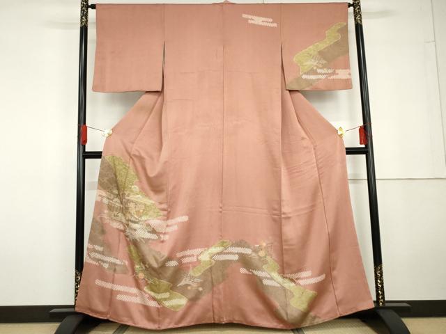 平和屋着物●訪問着　絞り　刺繍　風景草花文　金彩　正絹　逸品　AABG5304cs 平和屋着物○訪問着 絞り 刺繍 風景草花文 金彩 正絹 逸品 AABG5304cs
