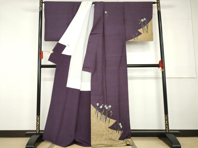 平和屋着物●訪問着　紬地　草花文　金彩　正絹　逸品　AABG5307cs_1
