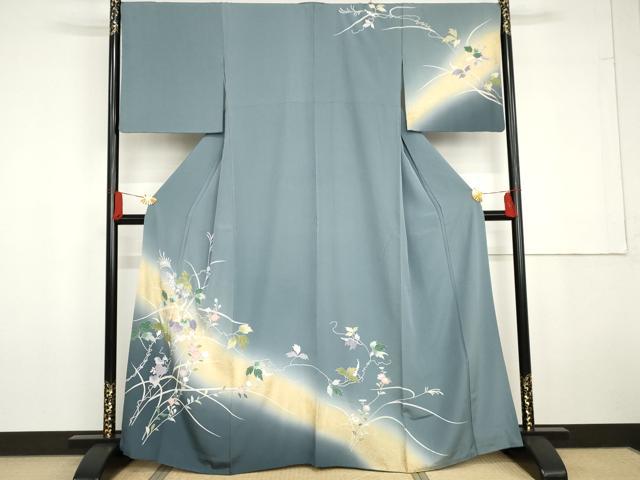 平和屋着物●上質な色無地　本藍草木染　堅牢染　紫陽花縮緬　白群色　丹後ちりめん　反端付き　正絹　逸品　AABH0530fy 平和屋着物○上質な色無地 本藍草木染 堅牢染 紫陽花縮緬 白群色 丹後