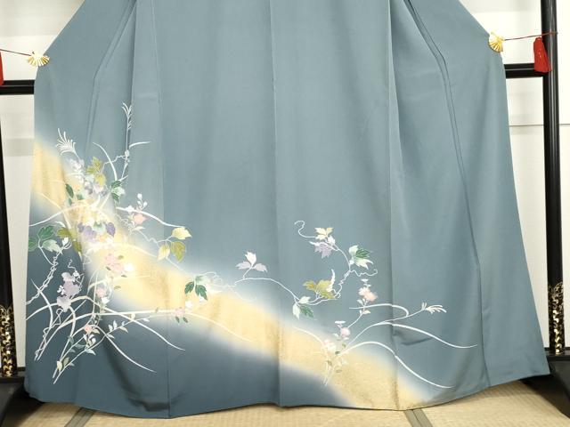 平和屋着物●訪問着　螺鈿　蔦の葉草花文　暈し染め　金銀彩　正絹　逸品　DABC2164ud 平和屋着物○訪問着 友禅 蔦の葉花文 暈し染め 金銀彩 正絹 逸品
