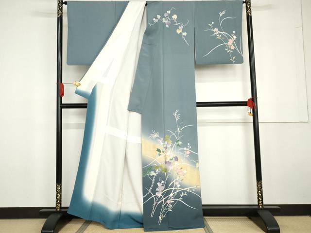 平和屋着物●訪問着　螺鈿　蔦の葉草花文　暈し染め　金銀彩　正絹　逸品　DABC2164ud 平和屋着物○訪問着 友禅 蔦の葉花文 暈し染め 金銀彩 正絹 逸品