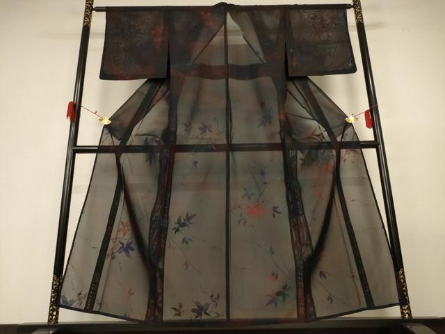 平和屋着物＊夏物　小紋　紗　枝葉文　正絹　逸品　AABG5443jd_1