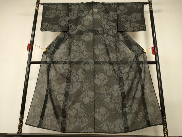 平和屋着物＊夏物　小紋　紗　切り嵌め花文　洗える着物　AABG5564jd_1