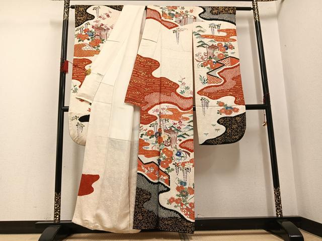 平和屋着物○豪華振袖 駒刺繍 絞り 御所車草花文 金彩 正絹 逸品
