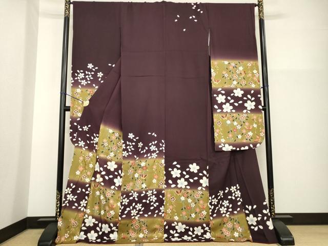 平和屋着物●豪華振袖　駒刺繍　市松花蝶文　暈し染め　金彩　ロング丈　正絹　逸品　AABG5812ck 平和屋着物○豪華振袖 駒刺繍 市松花蝶文 暈し染め 金彩 ロング丈 正絹