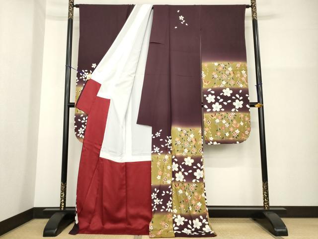 平和屋着物●豪華振袖　駒刺繍　市松花蝶文　暈し染め　金彩　ロング丈　正絹　逸品　AABG5812ck 平和屋着物○豪華振袖 駒刺繍 市松花蝶文 暈し染め 金彩 ロング丈 正絹