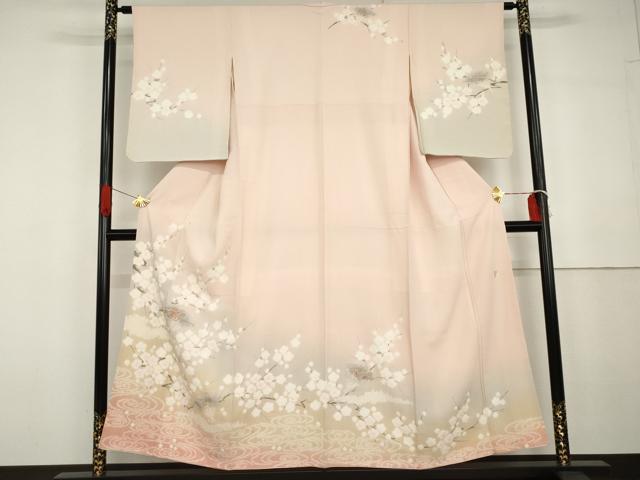 平和屋着物●十日町　名門　滝泰謹製　訪問着　刺繍　扇面流水花文　暈し染め　金糸　金彩　正絹　逸品　AABG6633cs