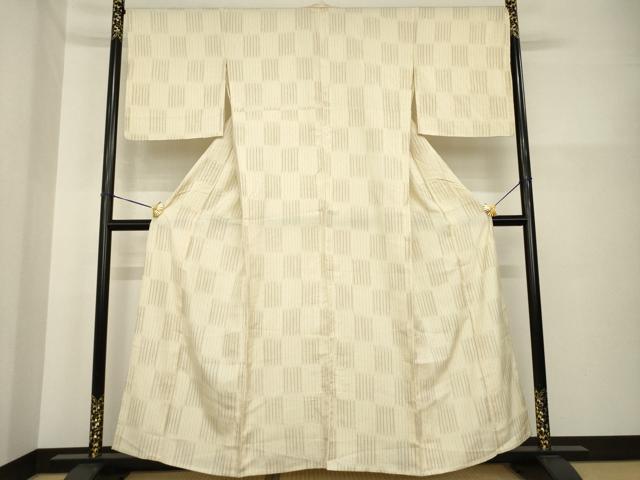 平和屋着物▽上質な小紋　単衣　紬地　市松文　正絹　逸品　AABG6987ck_1