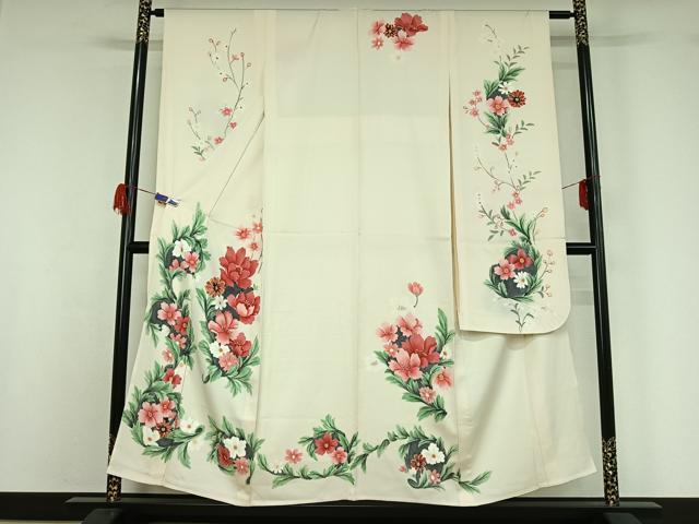 平和屋着物▽豪華振袖　単衣　手描き　草花文　正絹　逸品　AABG7021jh