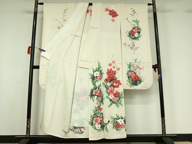 平和屋着物▽豪華振袖　単衣　手描き　草花文　正絹　逸品　AABG7021jh_1