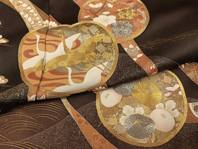平和屋着物●色留訪問着　駒刺繍　群れ鶴草花文　金彩　丹後ちりめん　仮絵羽　正絹　逸品　未使用　AABG7137ph_5