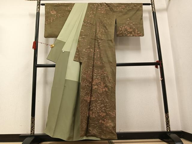平和屋着物●訪問着　紬地　中国三大刺繍　汕頭刺繍　スワトウ刺繍　松竹梅風景文　正絹　逸品　AABG7344ph 平和屋着物○本場大島紬 訪問着 中国三大刺繍 汕頭刺繍 スワトウ刺繍