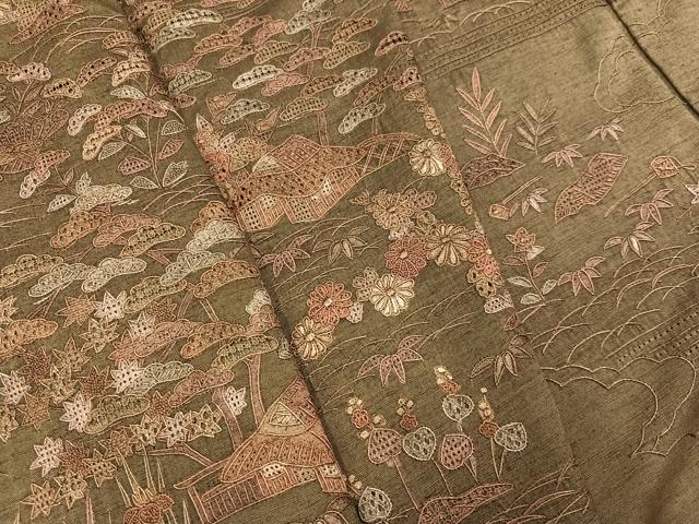 平和屋着物●訪問着　紬地　中国三大刺繍　汕頭刺繍　スワトウ刺繍　松竹梅風景文　正絹　逸品　AABG7344ph_6