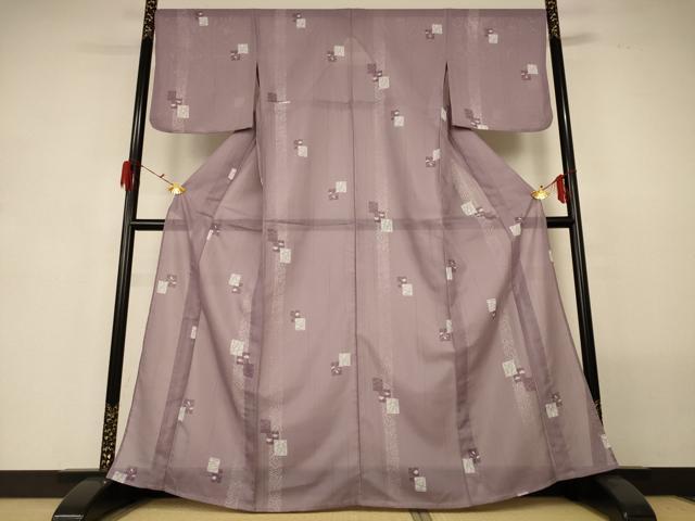 平和屋着物＊夏物　小紋　絽　色紙枝葉文　洗える着物　AABG7474jd_1