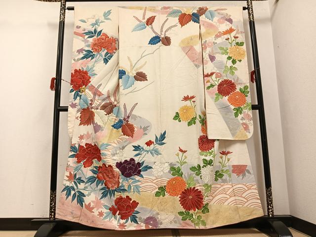 平和屋着物●セミアンティーク　振袖　駒刺繍　草花文　金彩　正絹　逸品　AABG7556ph