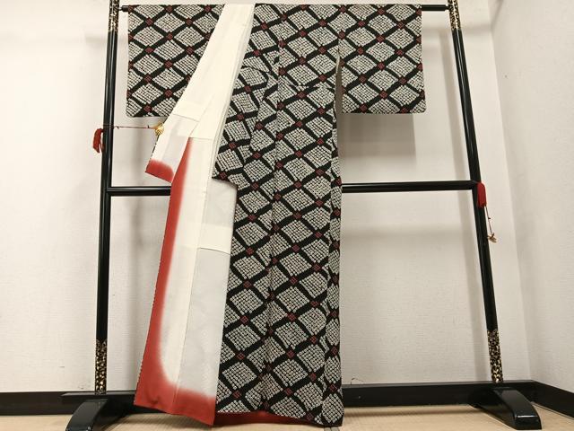 平和屋着物●上質な小紋　絞り　菱文　黒地　正絹　逸品　AABG7558ph 平和屋着物○上質な小紋 絞り 菱文 黒地 正絹 逸品 AABG7558ph 【公式