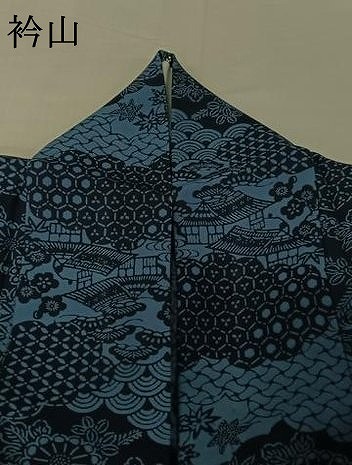 平和屋着物▽阿波藍染　阿波友禅　徳島県無形文化財保持者　香川卓美　小紋　単衣　型染め　風景花文　正絹　逸品　AABG7781jh_7