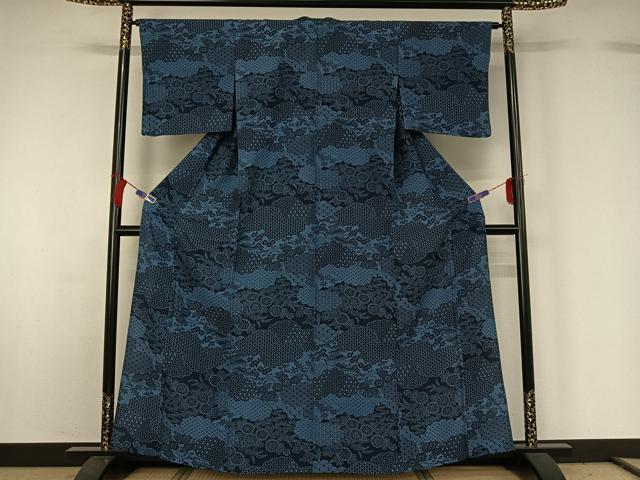 平和屋着物▽阿波藍染　阿波友禅　徳島県無形文化財保持者　香川卓美　小紋　単衣　型染め　風景花文　正絹　逸品　AABG7781jh_1