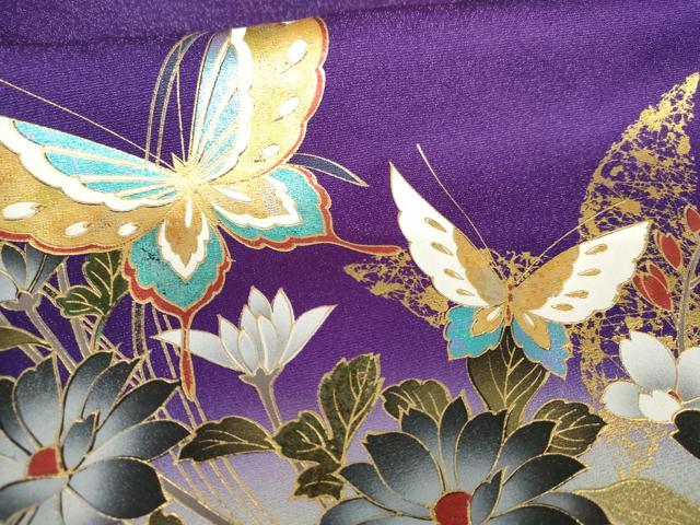 平和屋着物●豪華振袖　花蝶文　暈し染め　金彩　銀通し地　正絹　逸品　AABG7812cs 平和屋着物○豪華振袖 花蝶文 暈し染め 金彩 銀通し地 正絹 逸品