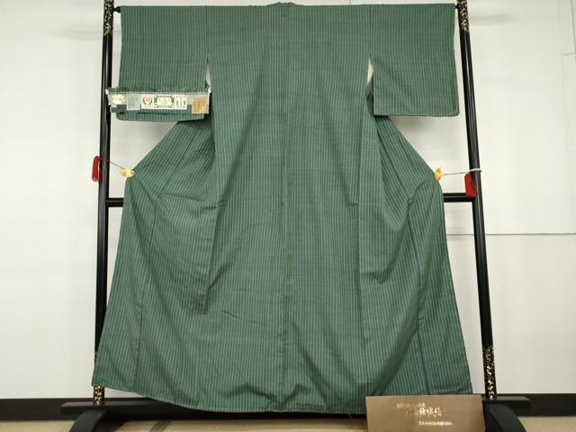 平和屋着物●本場結城紬　重要無形文化財　縞　証紙付き　正絹　逸品　未使用　AABG7853cs