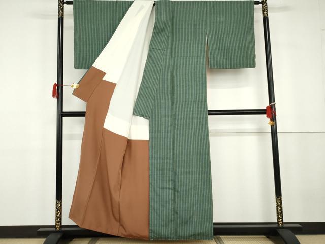 平和屋着物●本場結城紬　重要無形文化財　縞　証紙付き　正絹　逸品　未使用　AABG7853cs_1