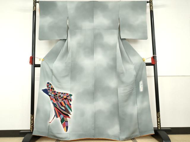 平和屋着物●染色作家　斉藤三才　訪問着　鷲　暈し染め　正絹　逸品　AABG7998cs
